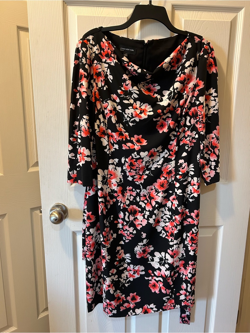 Jones New York Size 16 Black Floral Print Dress w/Tie Belt 3/4 Sleeves Lined NWT
